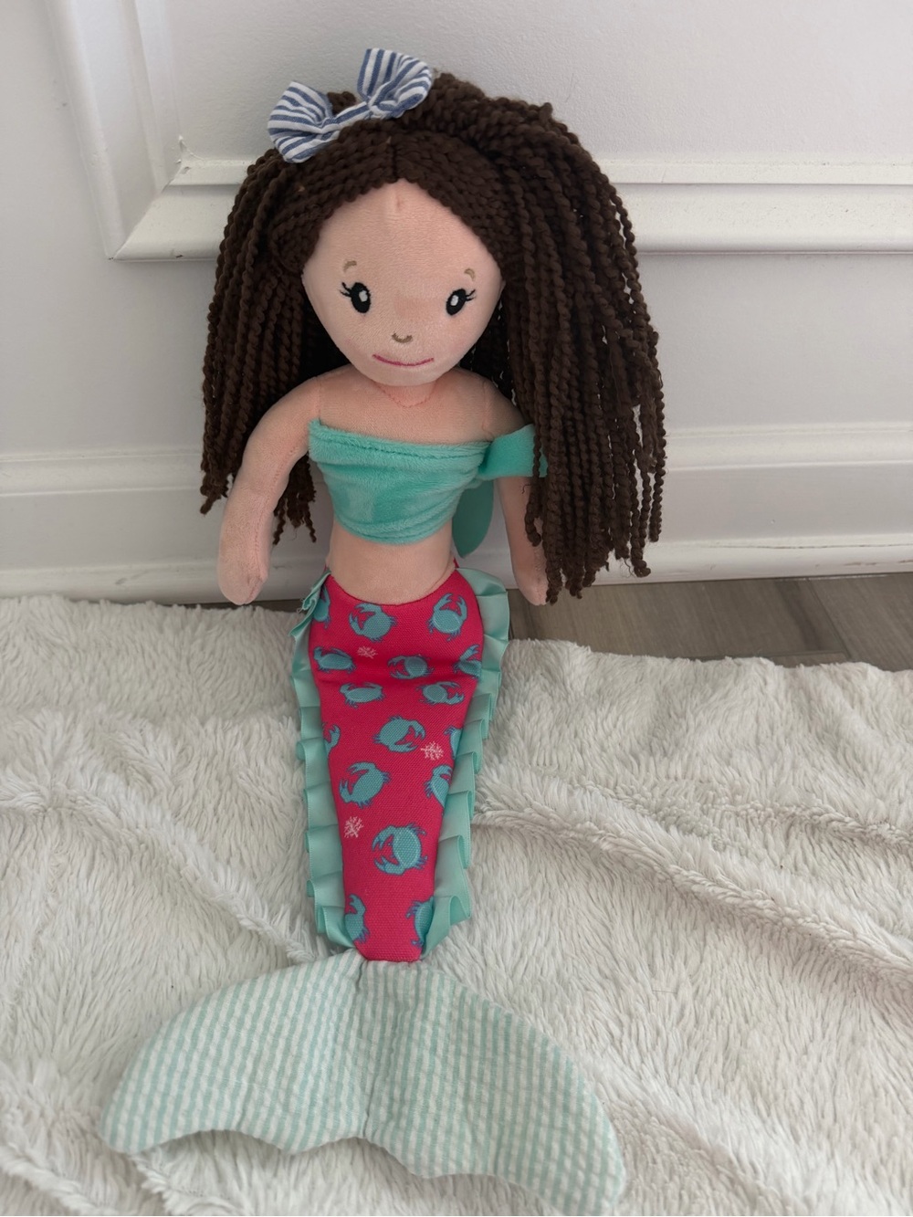 Preppy Pelican Dark Brown Hair Plush Mermaid Doll Lobster Tail 18" Stuffed Toy